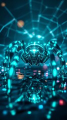 Fototapeta premium Robotic Spider AI Machine with Glowing Cyan Blue Light Neural Network Digital Technology Background 3D Render Illustration