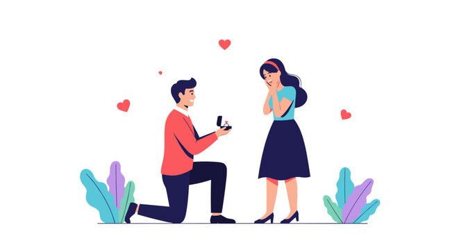 A man on one knee proposing to a surprised woman with a ring box in his hand.