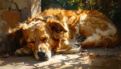 Golden Retriever basking in the suns warmth, a peaceful moment.