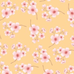Delicate Cherry Blossoms on Warm Yellow Background