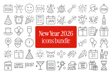 Naklejka premium New Year 2026 Icons Bundle – Festive Line Art Symbol Collection for Party, Celebration, and Holiday Design