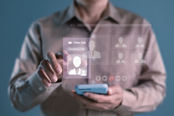 Man receiving incoming video call on smartphone with digital virtual meeting interface, symbolizing remote work, online collaboration, and communication technology