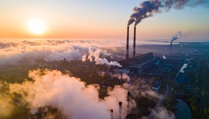 Emission carbon gases from factory pipes with smoke in atmosphere