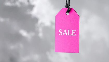 Pink sale tag against a blurred sky