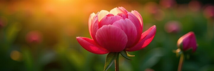 Obraz premium Sunlit peony bud, tightly furled petals, vibrant color , photography, romantic