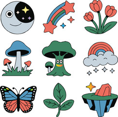 Whimsical nature elements collection featuring a moon cloud butterfly flowers mushroom and rainbow vector