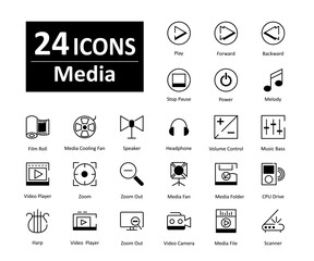 A set of 24 media icons as play, forward, backward