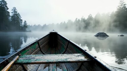 Misty Lake Canoe Trip - This video shows the bow of a weathered canoe gliding on a misty lake. The scene is filled with fog and light, with trees lining the shore and rocks jutting out of the calm - Powered by Adobe