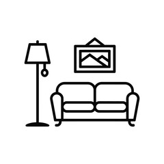 Living room sofa, floor lamp, and wall art picture line icon for home interior design elements