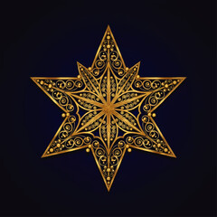 Fototapeta premium Ornate golden six-pointed star with intricate filigree details against a dark blue background.