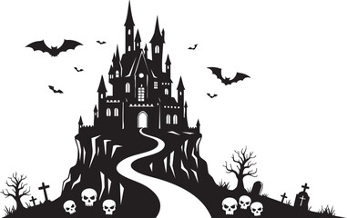 Spooky haunted castle silhouette on a hill with bats flying and skulls in graveyard, perfect for Halloween celebrations and eerie themes