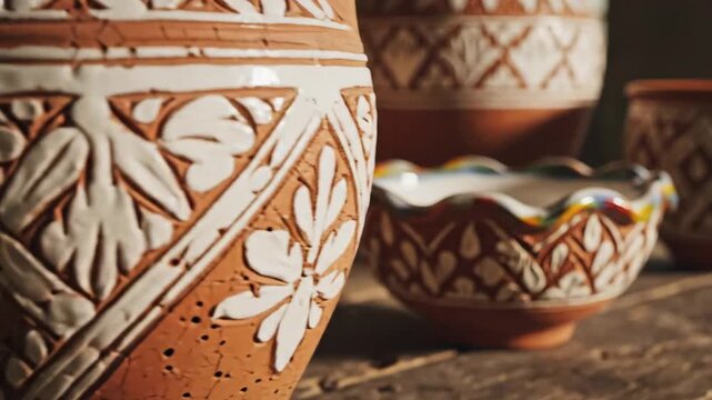 Handmade Ceramic Vases - A close-up shot showcases a group of handmade ceramic vases with intricate white carvings against a terracotta background.