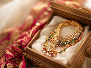 Indian Gold Jewel, an elegant traditional Indian jewelry. Indian wedding Bridal collection, South indian and north indian necklace, bangles, earings.