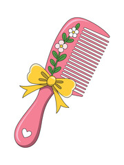 Pink hair comb with decorative flowers and yellow bow, a cute vector illustration of a styling accessory