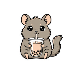 Cute Chinchilla Rodent Drinking Boba Bubble Tea Kawaii Cartoon