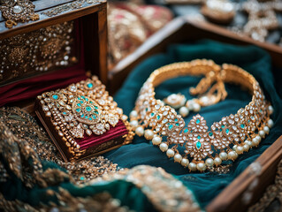 Indian Gold Jewel, an elegant traditional Indian jewelry. Indian wedding Bridal collection, South indian and north indian necklace, bangles, earings.