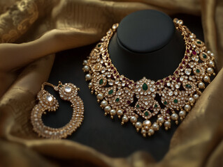 Indian Gold Jewel, an elegant traditional Indian jewelry. Indian wedding Bridal collection, South indian and north indian necklace, bangles, earings.