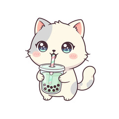 Cute White Cat Kitten Drinking Matcha Boba Tea Kawaii Cartoon