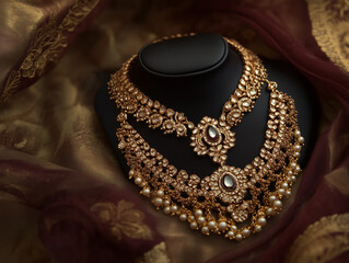 Indian Gold Jewel, an elegant traditional Indian jewelry. Indian wedding Bridal collection, South indian and north indian necklace, bangles, earings.