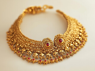 Indian Gold Jewel, an elegant traditional Indian jewelry. Indian wedding Bridal collection, South indian and north indian necklace, bangles, earings.