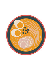 Top down ramen noodle bowl with soft boiled eggs and meat slices delicious Asian cuisine illustration