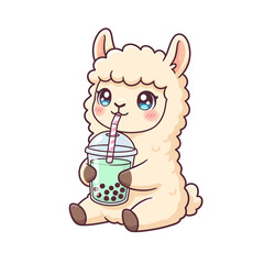 Fluffy Llama Alpaca Drinking Matcha Boba Tea Kawaii Cartoon