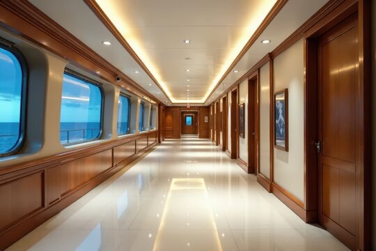 Elegant ship corridor, soft lighting, polished floors, atmosphere, cruise ship, passageway