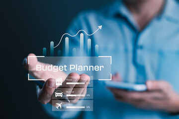 Businessman managing virtual budget planner on smartphone with financial bar graph, expense...