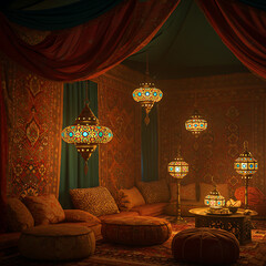 An opulent Moroccan-style tent interior adorned with intricate lanterns and rich textiles, creating a warm and inviting ambiance.