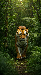 A majestic tiger walks confidently on a narrow jungle path, surrounded by dense green foliage and dappled sunlight.