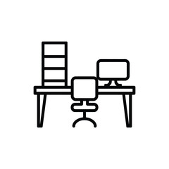 Office workplace furniture layout with desktop computer monitor, office chair, desk, and bookshelf line icon