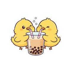 Two Cute Chicks Sharing Boba Bubble Tea Kawaii Cartoon Art
