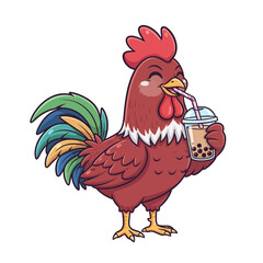 Happy Rooster Chicken Bird Drinking Boba Bubble Tea Kawaii Cartoon