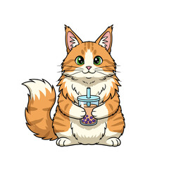 Fluffy Orange Cat Kitten Drinking Boba Bubble Tea Kawaii Cartoon
