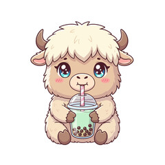 Fluffy Baby Yak Drinking Matcha Boba Tea Kawaii Cartoon Art