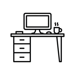 Computer desk with monitor, drawers, keyboard, mouse, and hot steaming beverage mug line icon