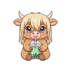 Cute Fluffy Highland Cow Calf Drinking Matcha Boba Tea Kawaii