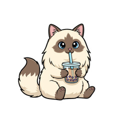 Fluffy Ragdoll Cat Drinking Boba Bubble Tea Kawaii Cartoon