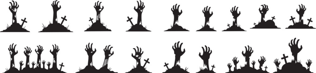 Spooky zombie hands emerge from graves with crosses, creating a chilling Halloween graveyard scene perfect for holiday promotions and scary event designs.