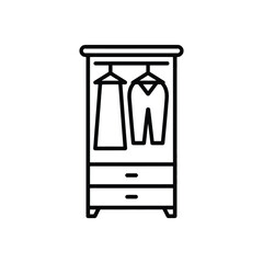 Wardrobe closet with hanging clothes, shirts, pants, and storage drawers line icon