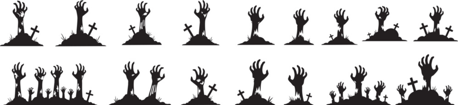 Spooky zombie hands emerge from graves with crosses, creating a chilling Halloween graveyard scene perfect for holiday promotions and scary event designs.