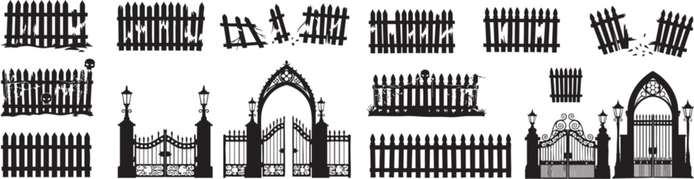Spooky cemetery gates and broken fences with skulls create an eerie, haunted atmosphere perfect for Halloween projects