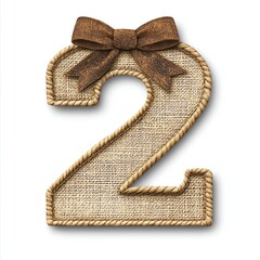 Number Two Shaped Ornament With Brown Bow Detail On Burlap Texture And Rope Trim Isolated On White