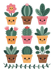 Collection of cute potted plants and cacti with smiling faces, adorable indoor greenery