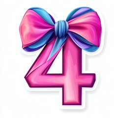 Pink Blue Bow Embellishment On A Number Four For A Birthday Celebration With Soft Lighting