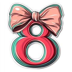 Pink Bow Adorns Large Red Number Eight With Teal Outline On White Background Isolated Sticker Art