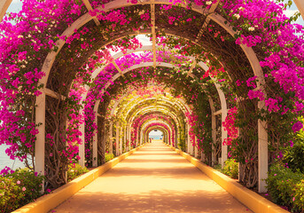 Floral tunnel with pink bougainvillea flowers and a pathway.