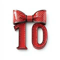 Red Number Ten With White Polka Dots And Bow Accent Isolated On White Background
