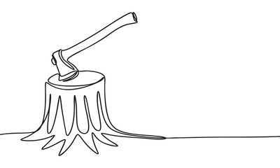 Minimalist Continuous Line Drawing of an Axe Embedded in a Tree Stump