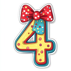 Yellow Number Four Decorated With Red Polka Dot Bow And Blue Teal Ribbon
